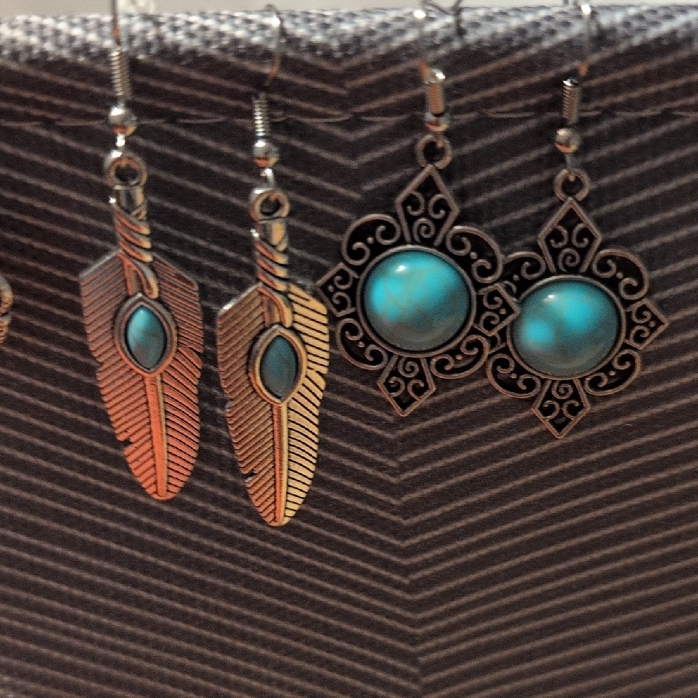 Two Pair Bohemian Style Elegant Turquoise Stone and Feather Earrings